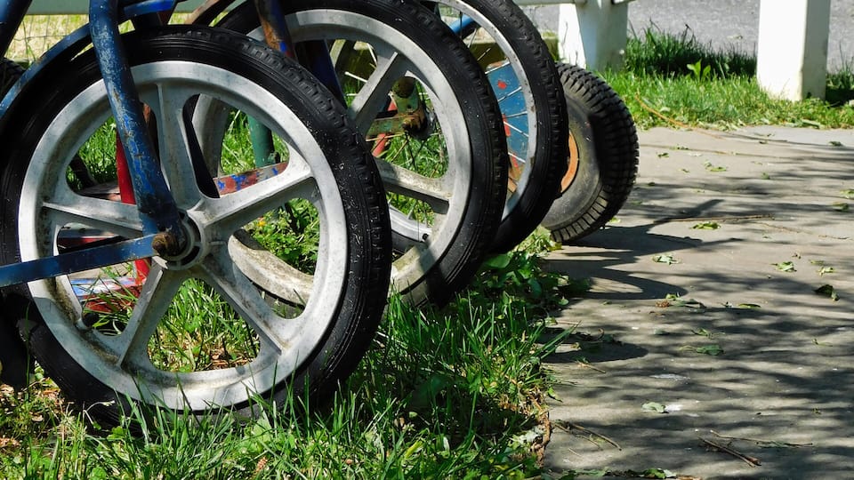 A row of bicycles with worn tires parked on grass beside a white fence.