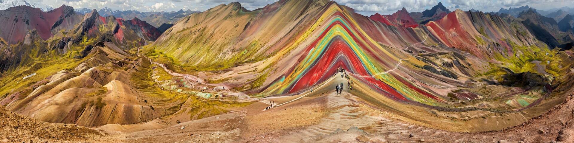 Hiking scene in Vinicunca, Cusco Region, Peru. Rainbow Mountain
