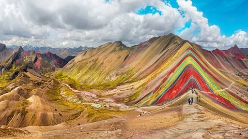 Hiking scene in Vinicunca, Cusco Region, Peru. Rainbow Mountain