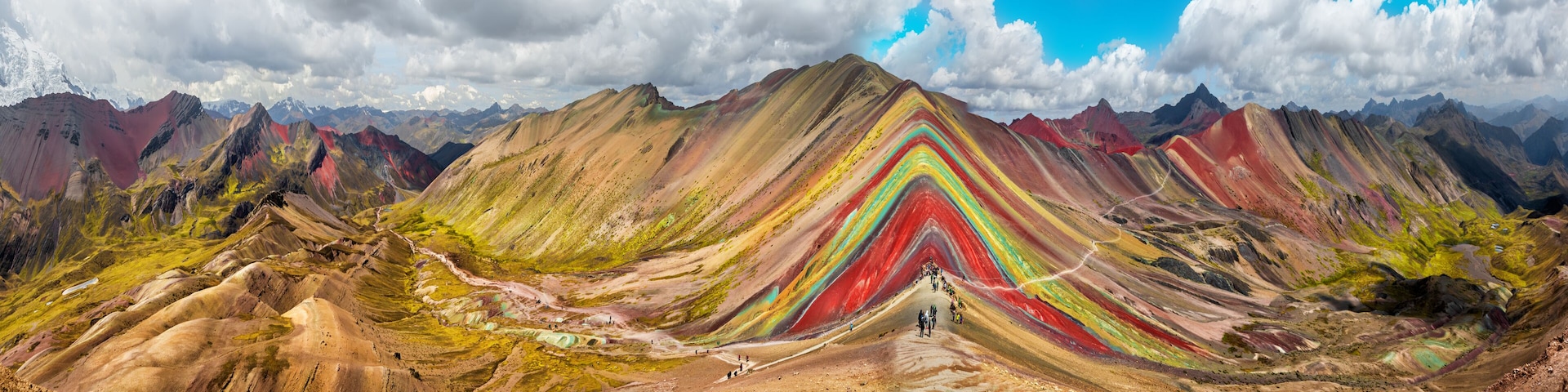 Hiking scene in Vinicunca, Cusco Region, Peru. Rainbow Mountain
