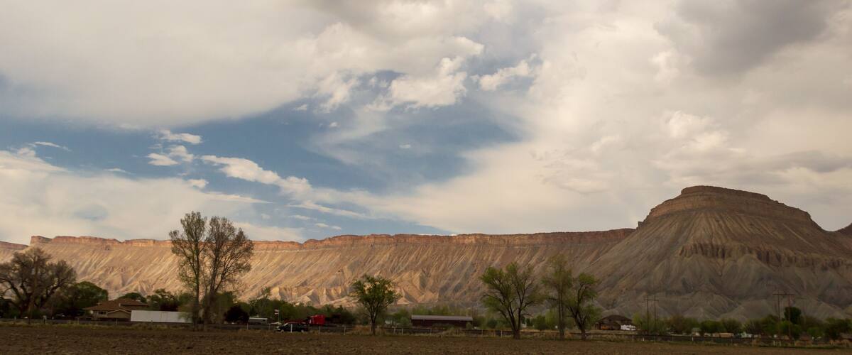 A desert landscape with a prominent mountain and sparse vegetation.