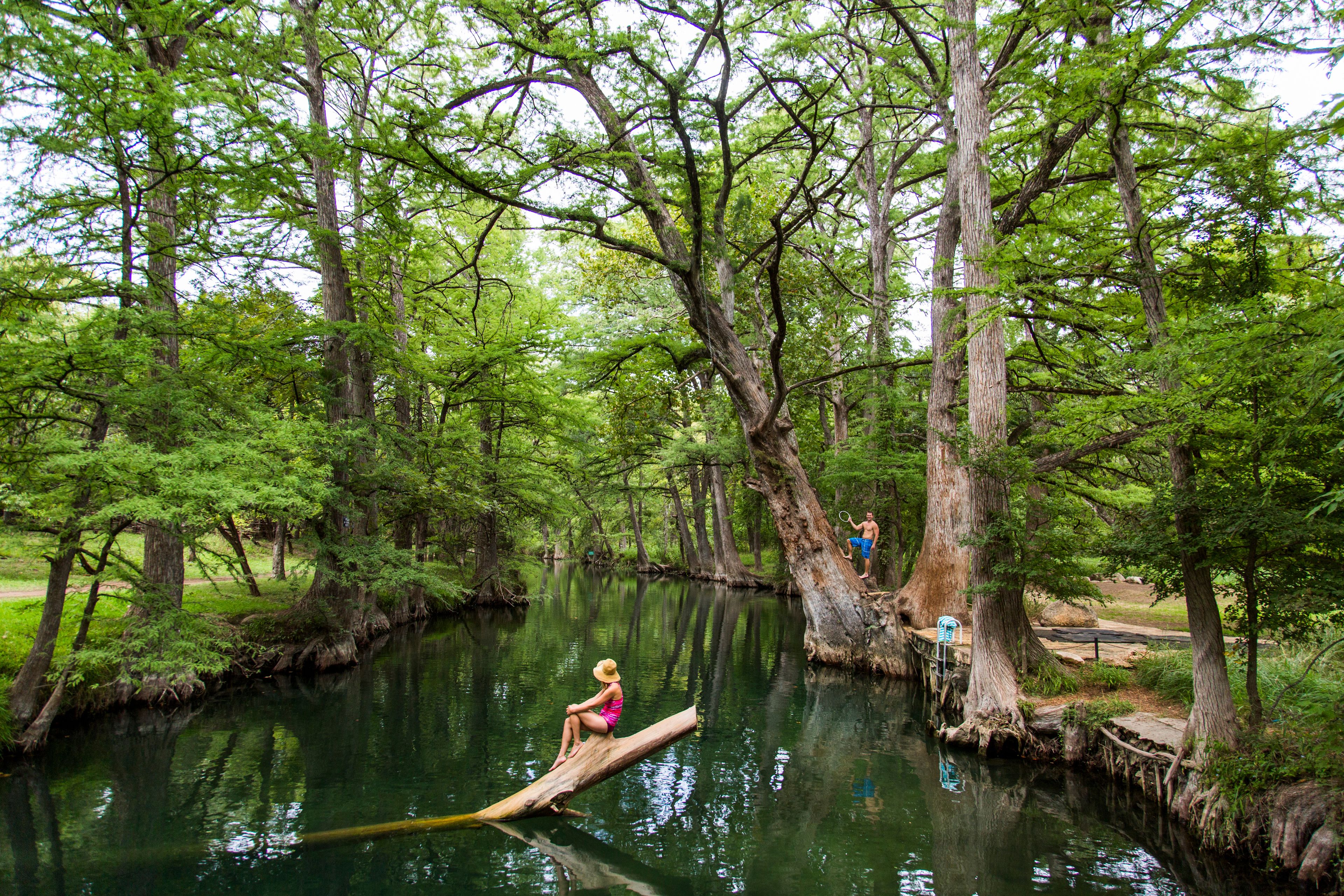 The Blue Hole in Wimberley, Texas is a popular destination for tourists and locals on hot summer days. The clear, cool water flows through cypress trees and offers a refuge from the Texas heat.