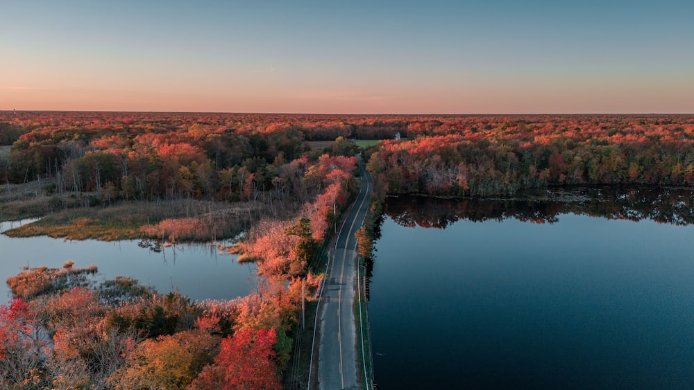 A bridge over a calm river, surrounded by autumn-colored trees.