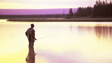 A fly-fisherman looks for feeding trout at sunrise.