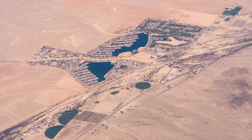 Aerial view of the town of Helendale, California its man made lakes and the Silver Lake Country Club golf course