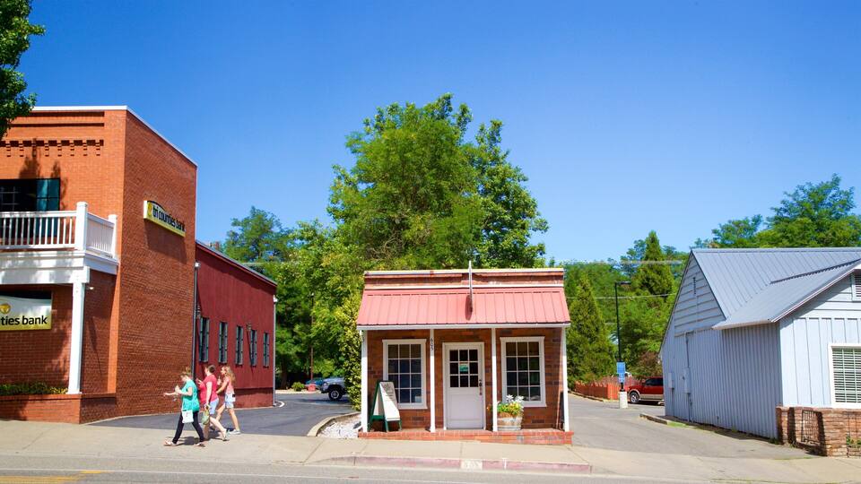 A small brick building with a red roof, a white building with a blue sign, and a tree in the background.