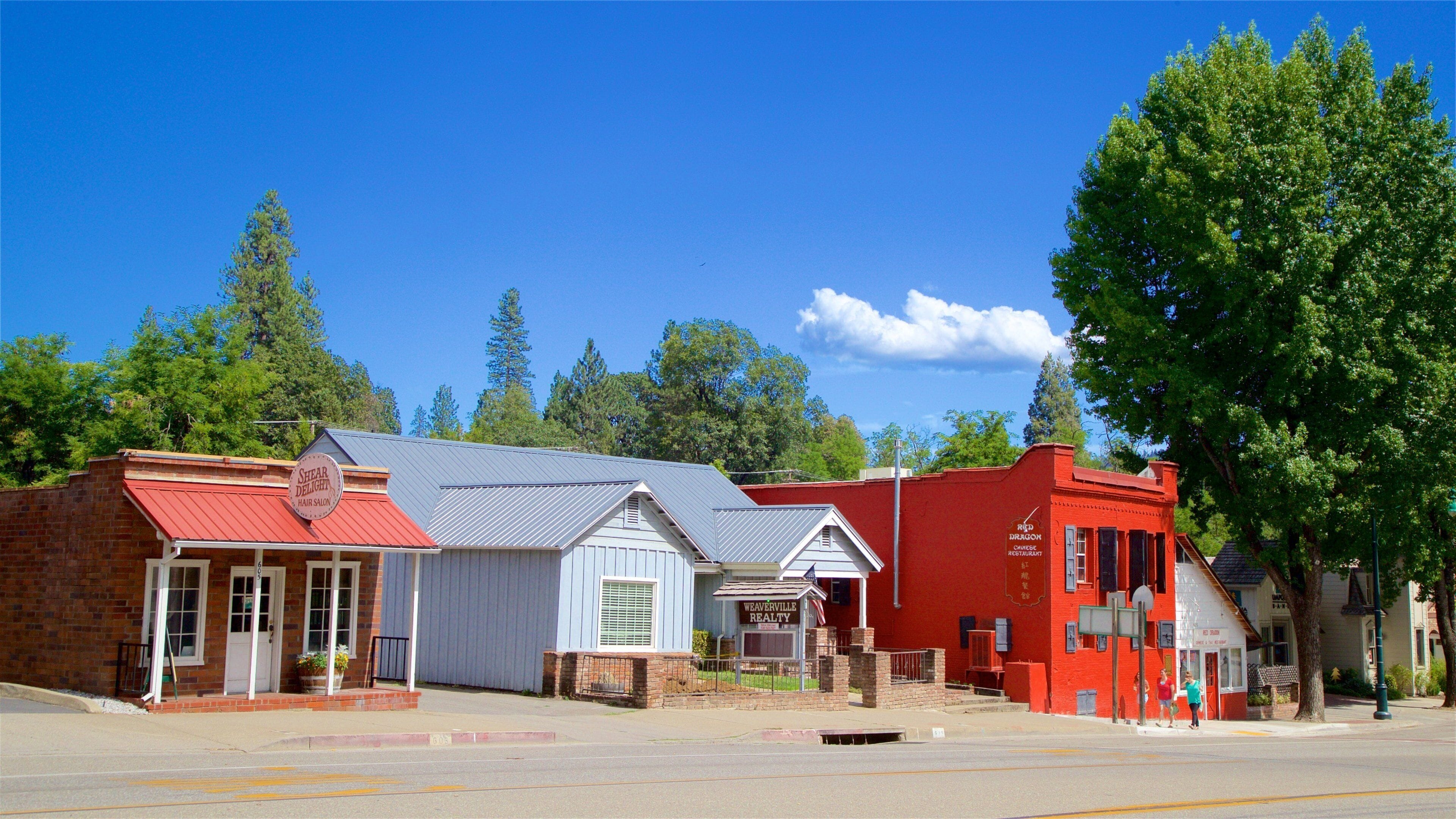 A street with buildings including a red brick building with a sign for Shear Delight Hair Salon, a white building with a sign for Weaverville Realty, and a red building with a sign for Red Dragon Restaurant.