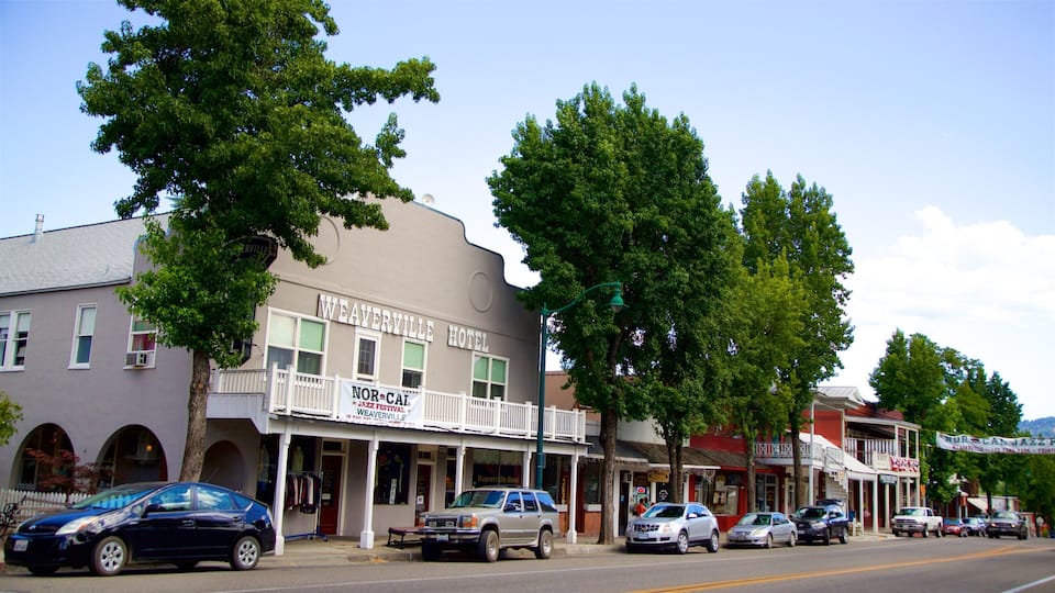 A street lined with buildings, including Weaverville Hotel, parked cars, and trees.