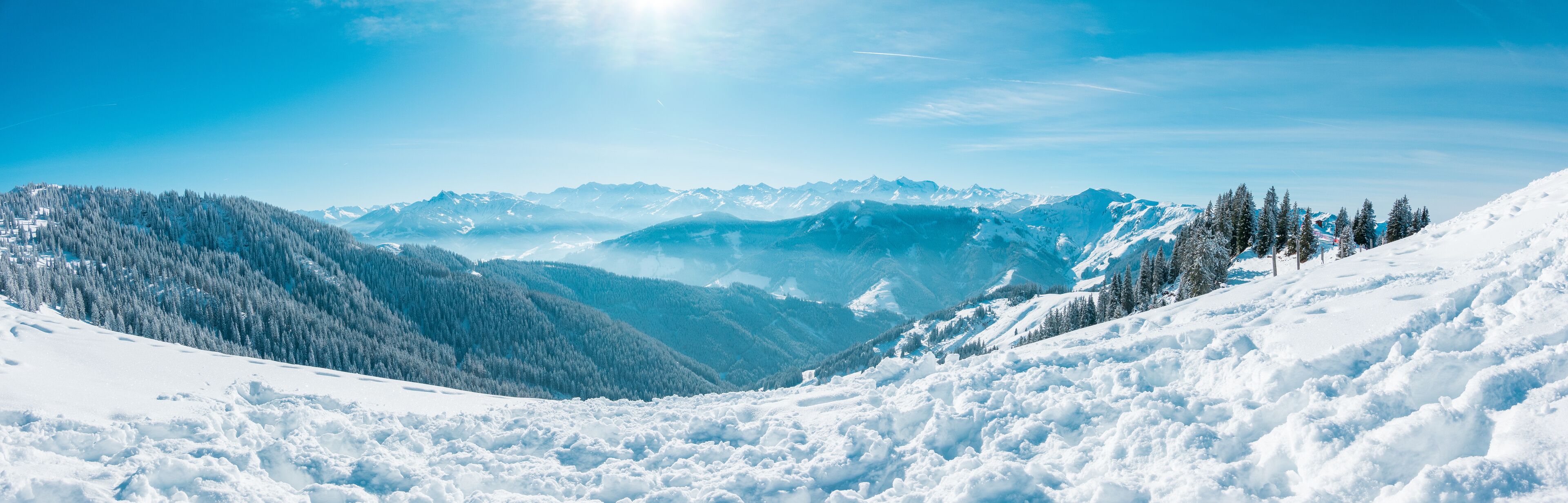 A snow-covered mountain landscape with dense forests and clear skies.