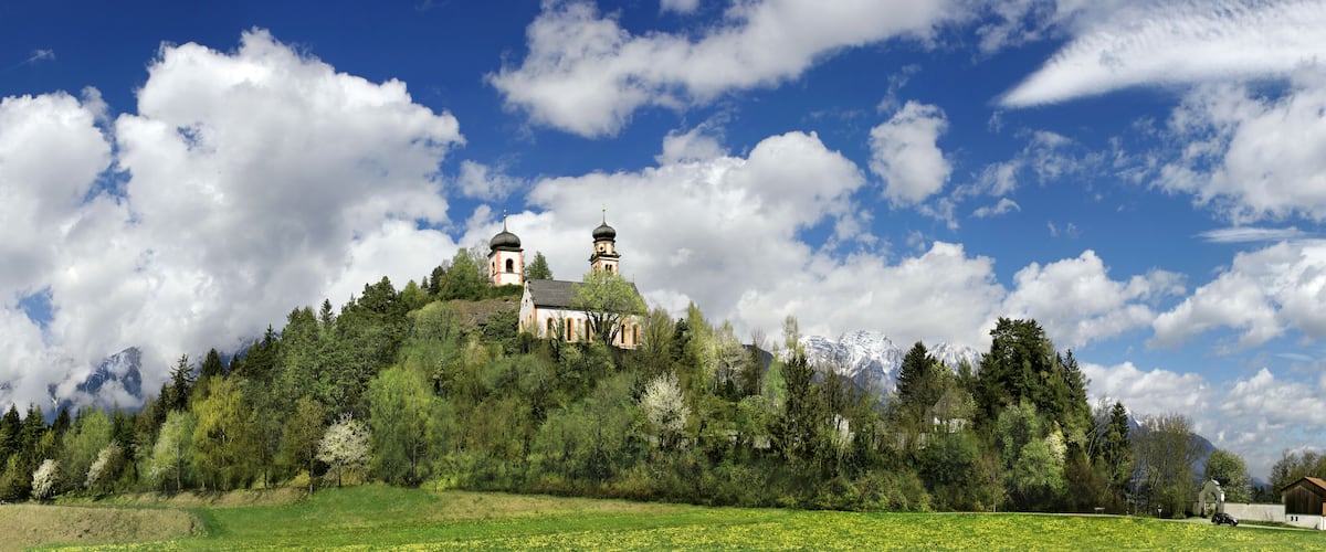 A church on a hill surrounded by trees and a field of yellow flowers.
