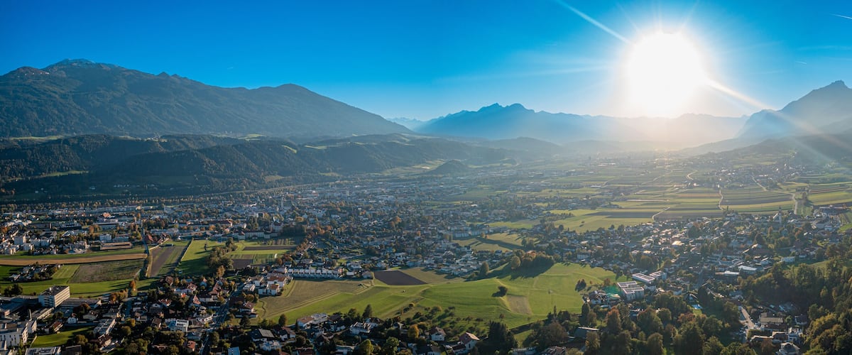 Valley of the river Inn. Hall in Tyrol close to Innsbruck. Scenic Mountain panorama