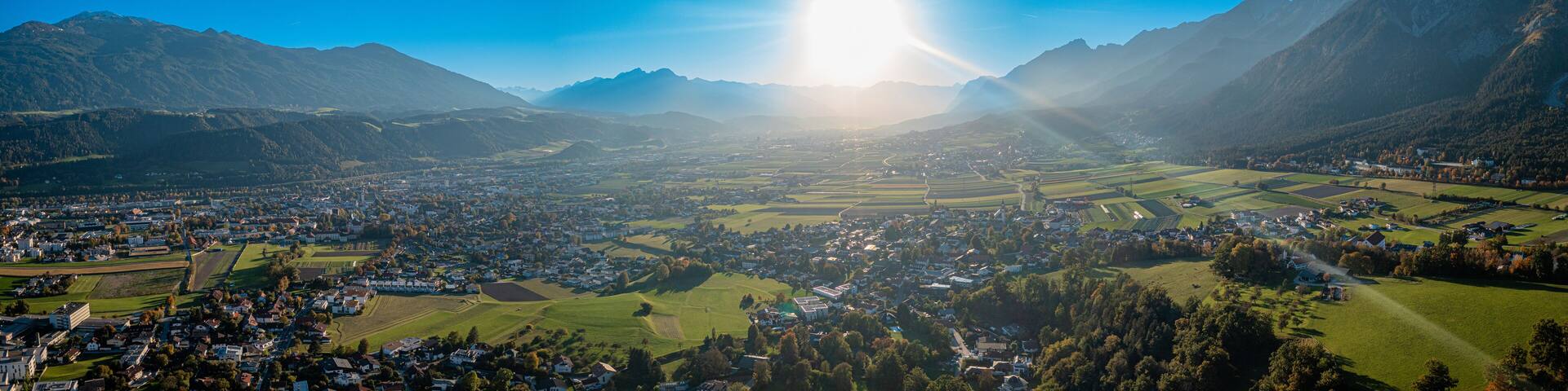 Valley of the river Inn. Hall in Tyrol close to Innsbruck. Scenic Mountain panorama