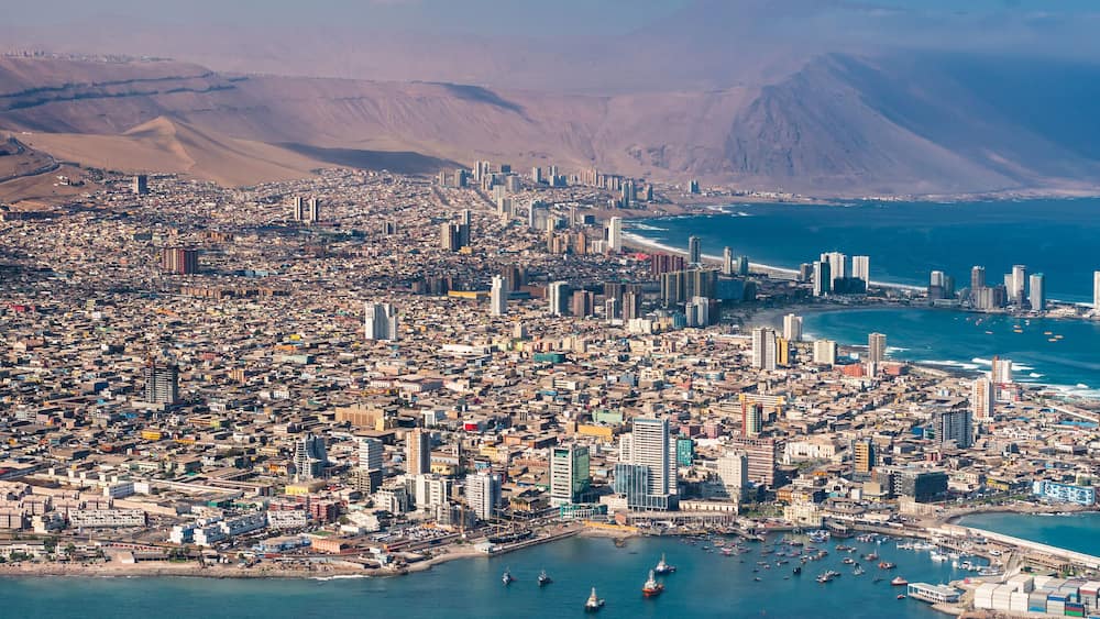 Aerial view of the port city of Iquique in northern Chile at the shores of the Atacama Desert.