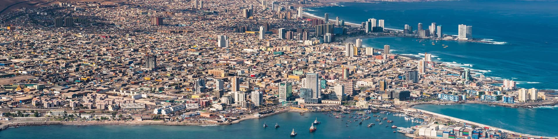 Aerial view of the port city of Iquique in northern Chile at the shores of the Atacama Desert.