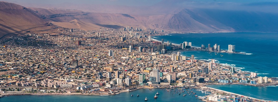 Aerial view of the port city of Iquique in northern Chile at the shores of the Atacama Desert.
