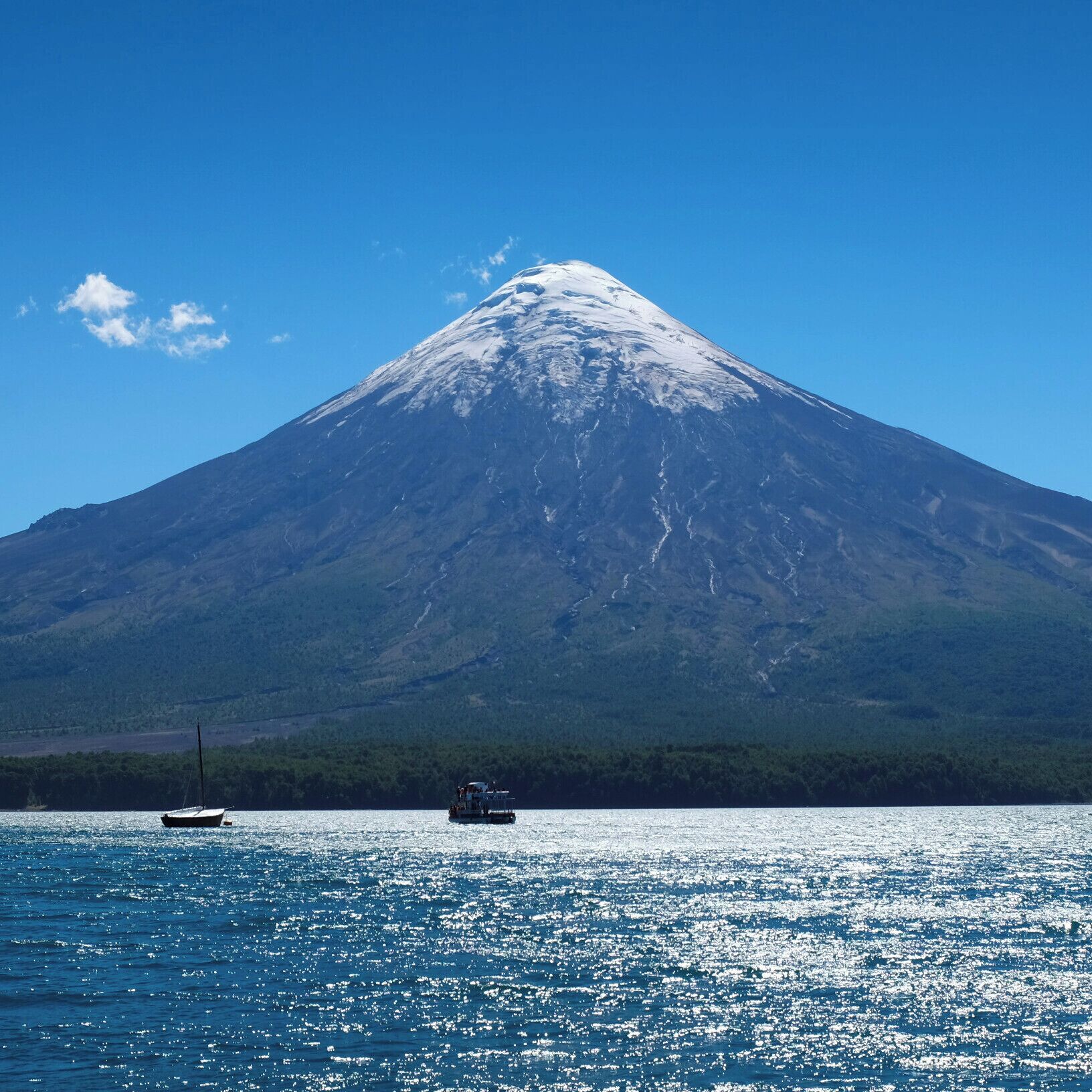Sailing the "Todo los Santos" Lake with the the snow capped Osorno Volcano (2,652 metres)  in the Back