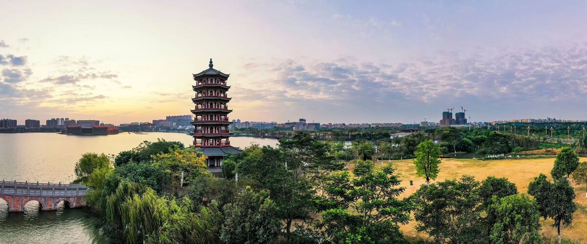 A pagoda, a river, and a bridge.