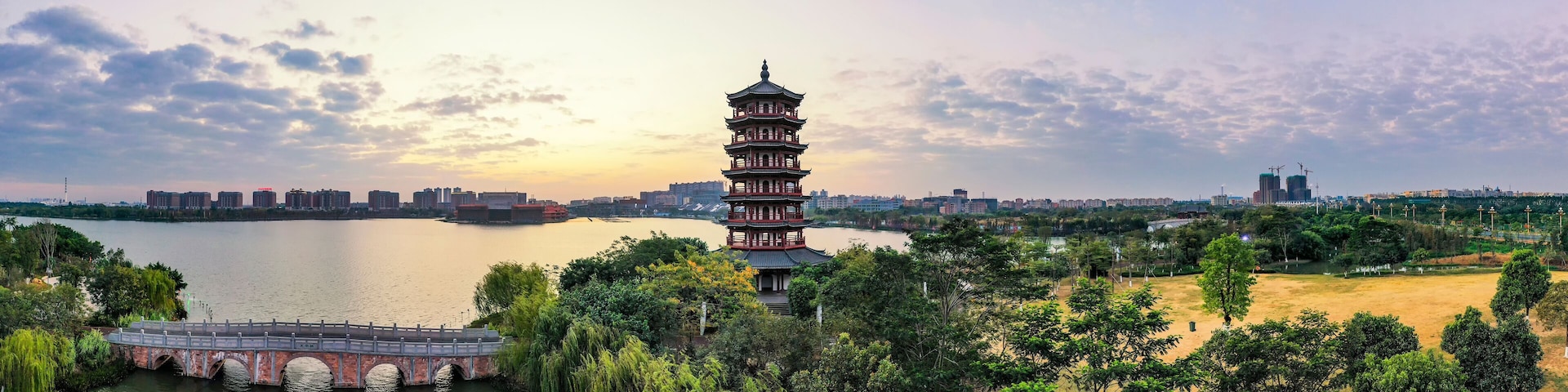 A pagoda, a river, and a bridge.