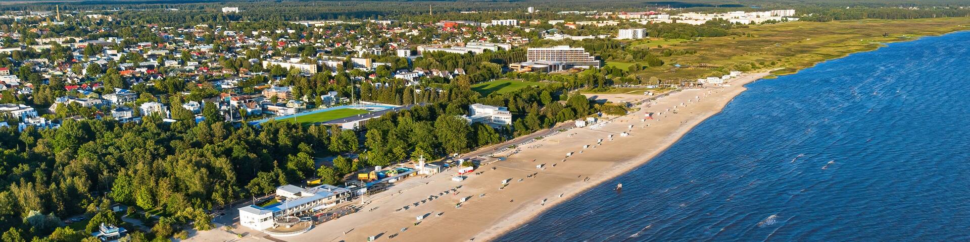 Aerial view of the beach of Pärnu, a sea resort town located on the coast of the Baltic Sea in Estonia