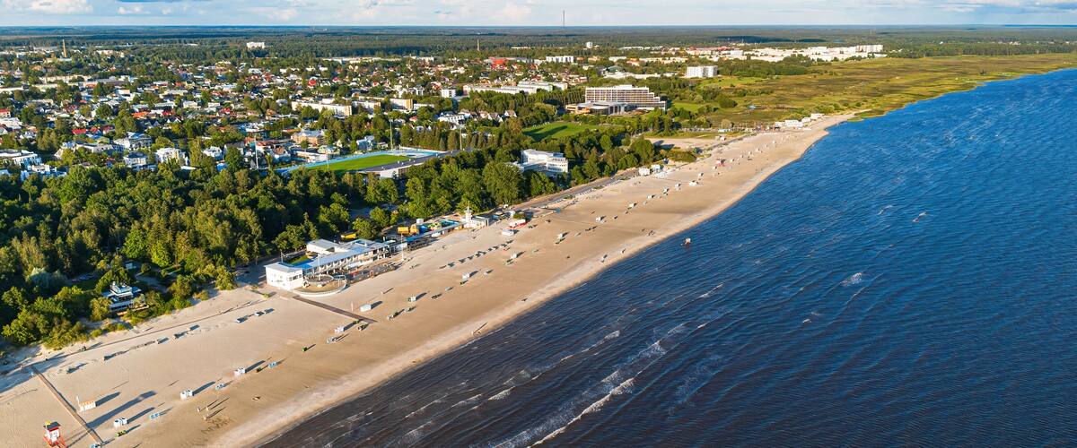 An aerial view of a coastal town with a beach, dense forest, and a mix of residential and commercial buildings.