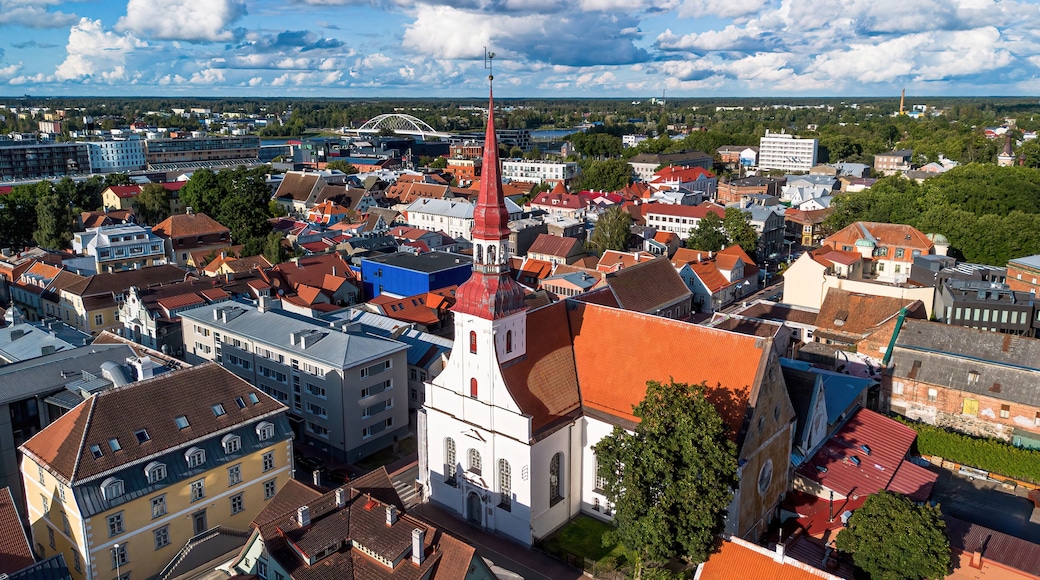 Aerial view of the Lutheran church of Saint Elizabeth of Pärnu, a sea resort town located on the coast of the Baltic Sea in Estonia