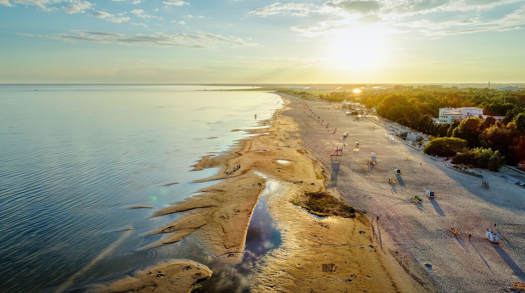 Parnu beach in Estonia during sunny summer sunset, aerial view