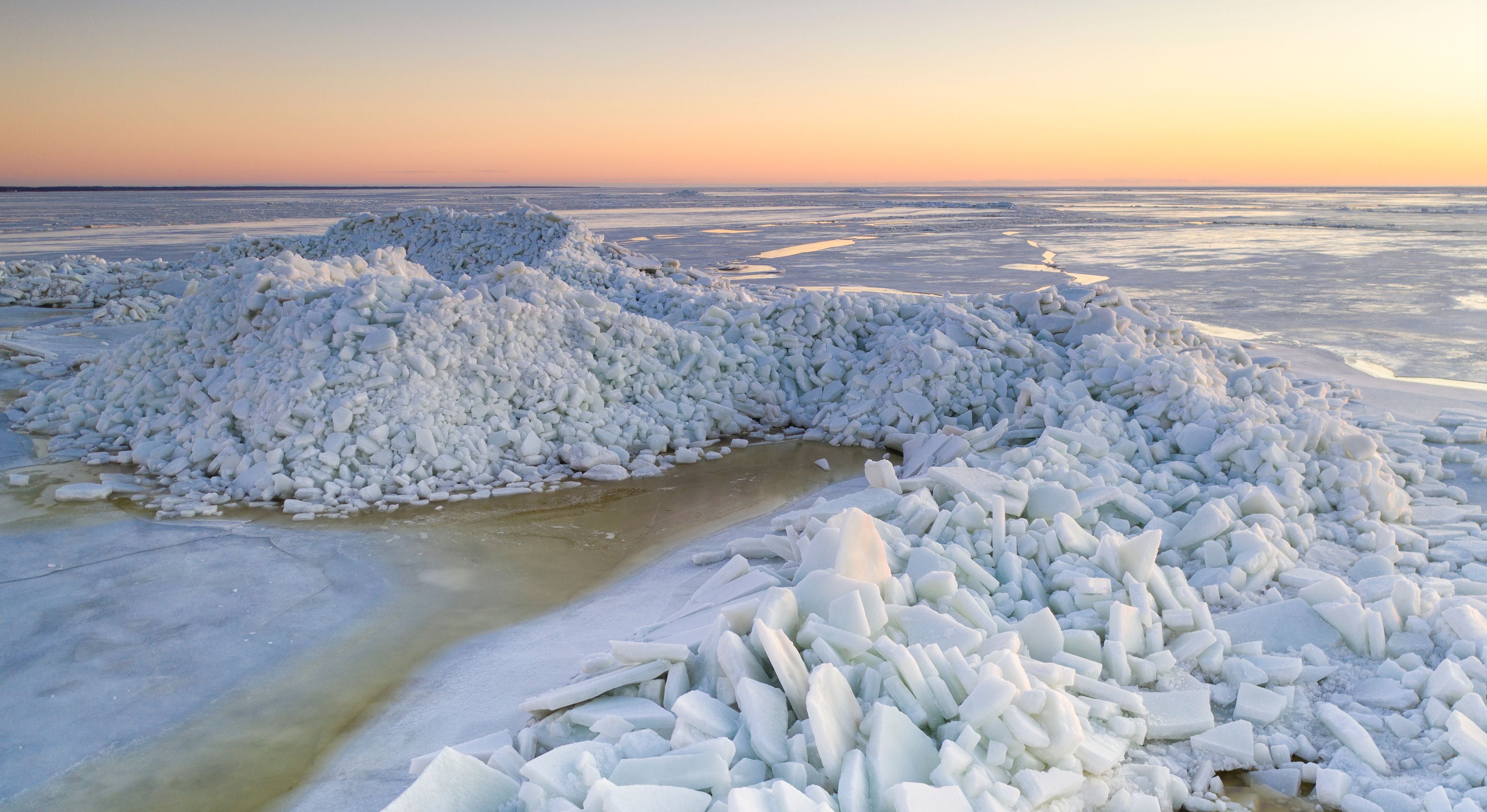Aerial view to the high mounds of sea ice, stacked up on coast by heavy early spring storm in Pikla, Luitemaa NR, Häädemeeste, Pärnu county, Estonia