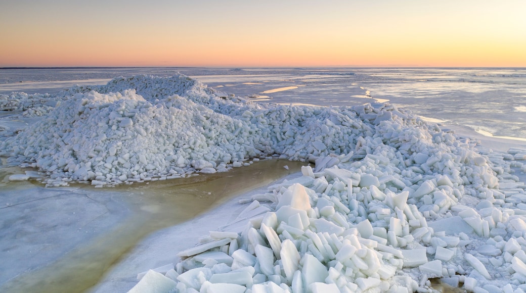 Aerial view to the high mounds of sea ice, stacked up on coast by heavy early spring storm in Pikla, Luitemaa NR, Häädemeeste, Pärnu county, Estonia
