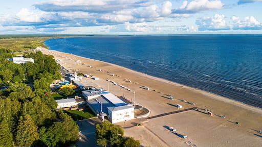 Aerial view of the beach of Pärnu, a sea resort town located on the coast of the Baltic Sea in Estonia