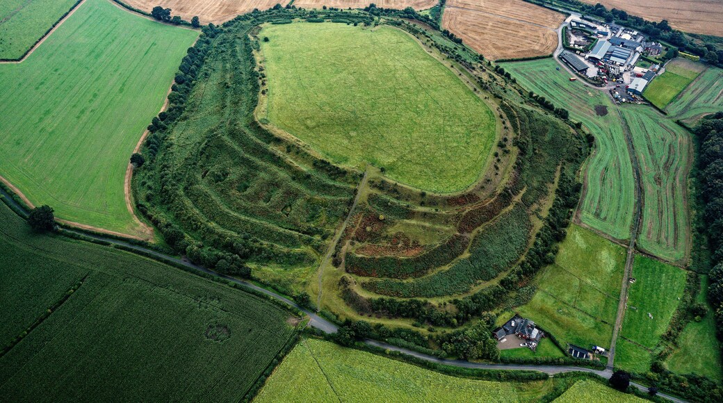 Old Oswestry early Iron Age hillfort, Shropshire, England. One of the best preserved in UK. Looking N.E. over the western entrance. Aerial late summer