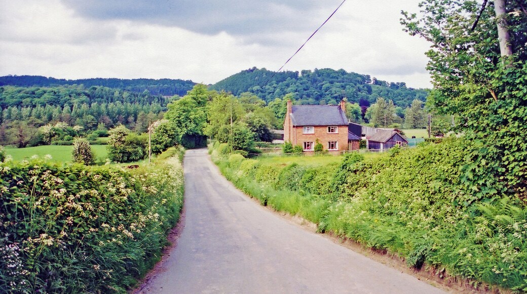 Approaching site of former Llangedwyn station, 2001. View northward across the Tanat Valley, the station having been on the right just beyond the prominent farm-house. Crossing from right to left had been the Tanat Valley Light Railway (ex-Cambrian Railways/GWR) line from Oswestry via Blodwell Junction to Llangynog. The station closed when the passenger service ceased from 15/1/51, goods from 1/7/52 - but was worked Blodwell Junction - Llanrhaidr Mochnant until 6/1/64.