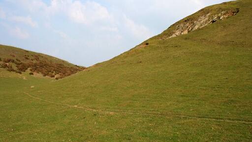 Rocky scar on 332m summit Rocky scar, possibly from former quarrying, on an unnamed 332m summit north west of Rhydycroeasau. The public footpath from the lane between Rhydycroesau & Cefn Canol skirts the hillside