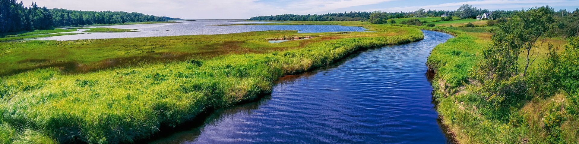 River and marshland on Cape Breton Island near the Atlantic Ocean in rural Nova Scotia, Canada on a bright sunny summer's day.