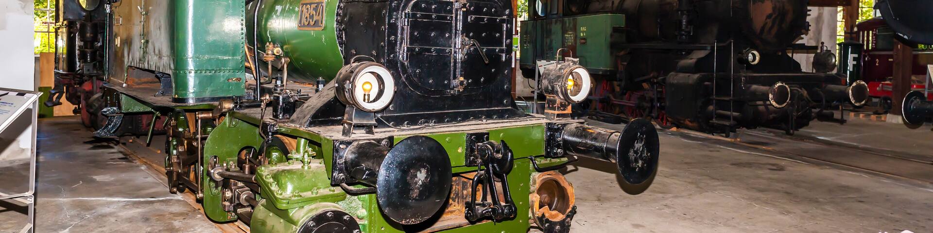 A steam locomotive with a green and black color scheme, situated in a wooden-roofed building with other locomotives in the background.