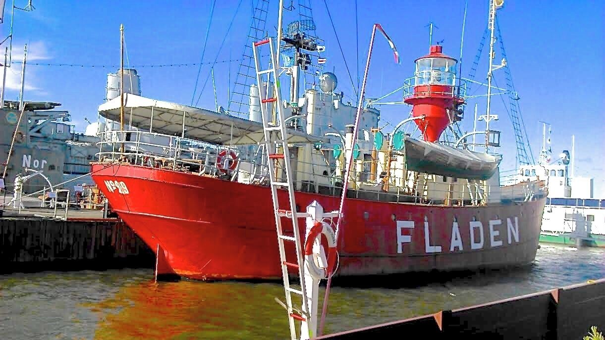 "Maritiman" Ship Museum, at "Packhuskajen" in the harbour.

Here again the lighthouse ship "Fladen", Built in 1915 in Stockholm, Sweden, she was in use until 1969 when she was substituted with a normal lighthouse. The crew of eight men, were out at sea in periods of four to six weeks. Renovated twice during her active years, the ship had a thorough renovation before she became a museum ship. 

FOR MORE INFO:
www.maritiman.se (You can chose Swedish, English or German text, and there is a description of all the ships.)