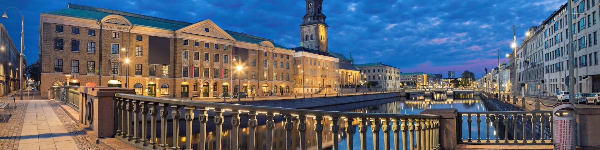 Panoramic view on the embankment from Residence bridge in the evening in Gothenburg, Sweden