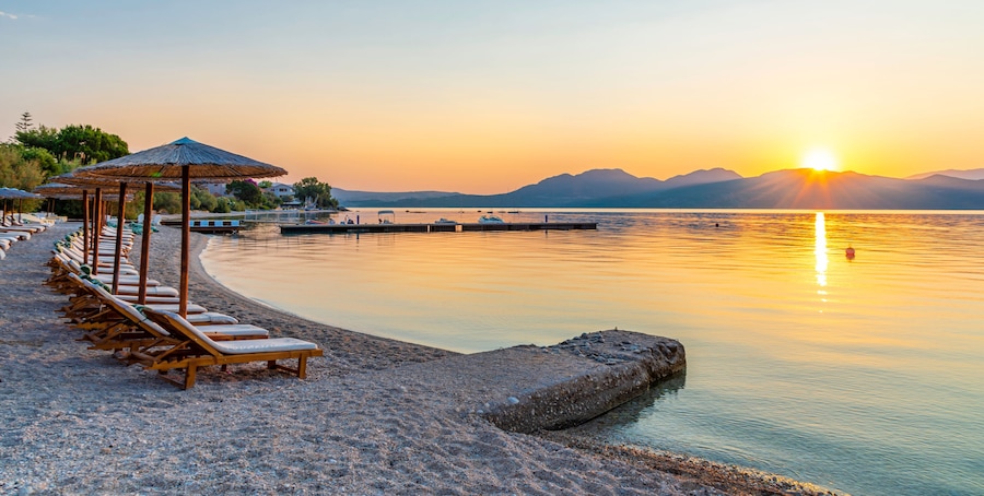 Seascape and vibrant sunset over Nikiana beach in Lefkada island