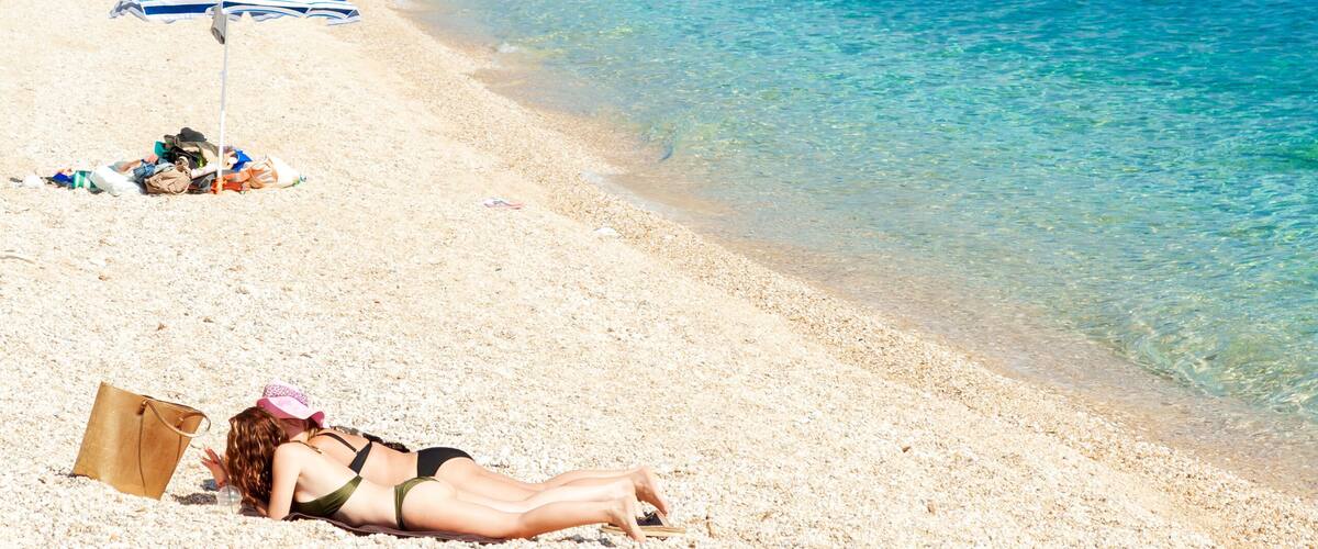 The amazing beach of Agios Isidoros, near Plomari village, in Lesvos island, Aegean Sea, Greece, Europe.