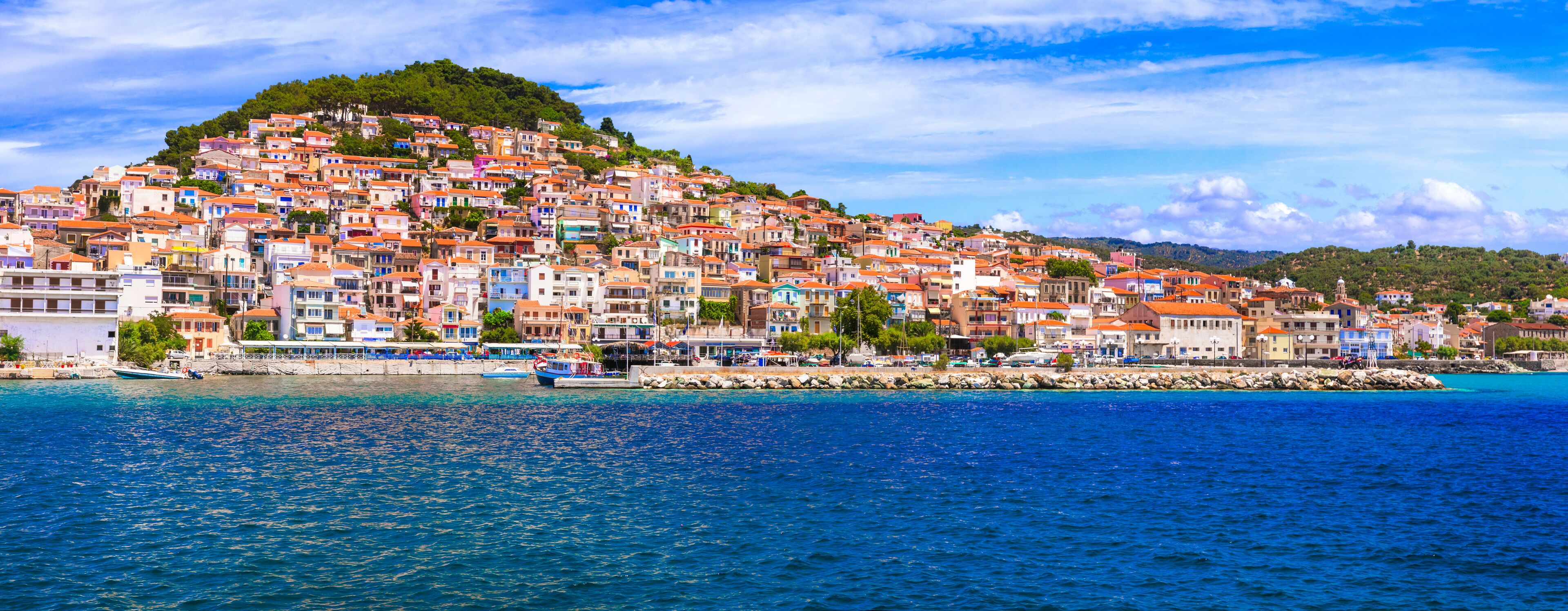 Travel in Lesvos island - view of beautiful Plomari town. Landmarks of eastern Greece
