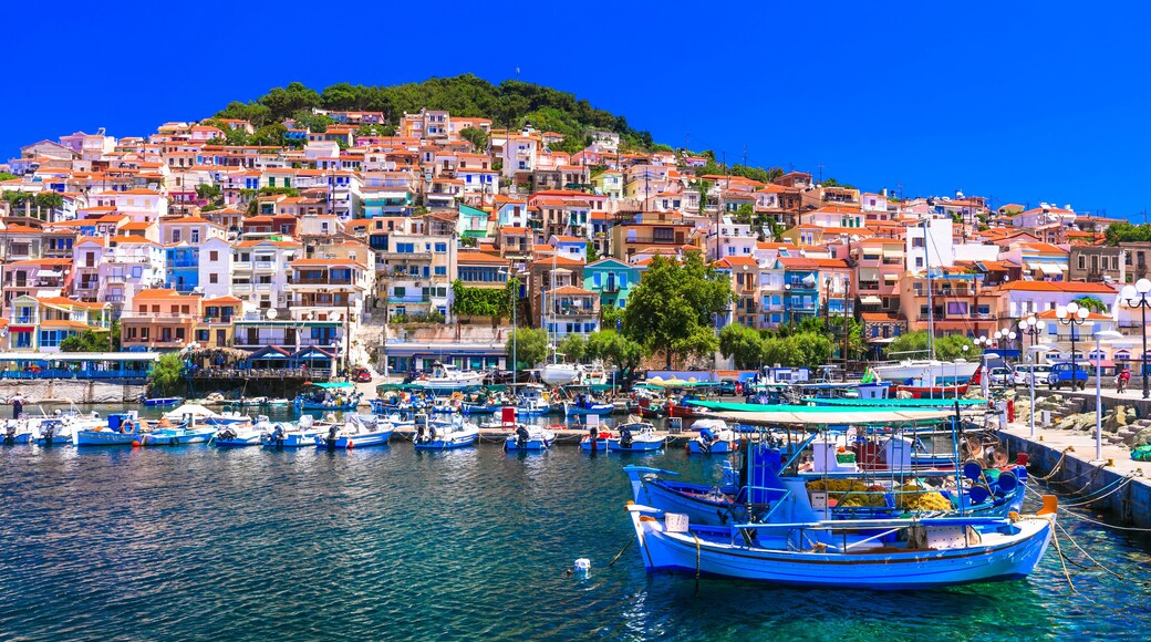Traditional colorful Greece - charming Plomaripn town. Fishing boats in the port, Lesvos island, Eastern Sporades
