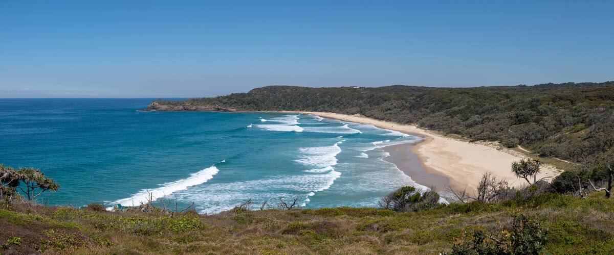 A coastal landscape with a sandy beach, ocean waves, and dense green vegetation.
