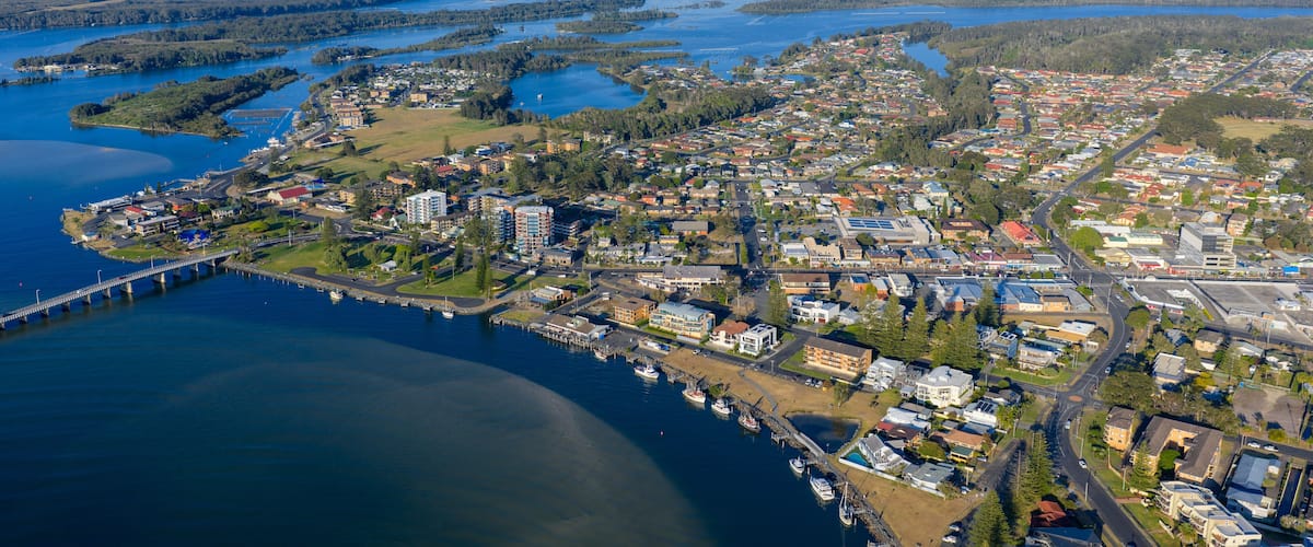 The New South Wales north coast town of Tuncurry and Wallis Lake.