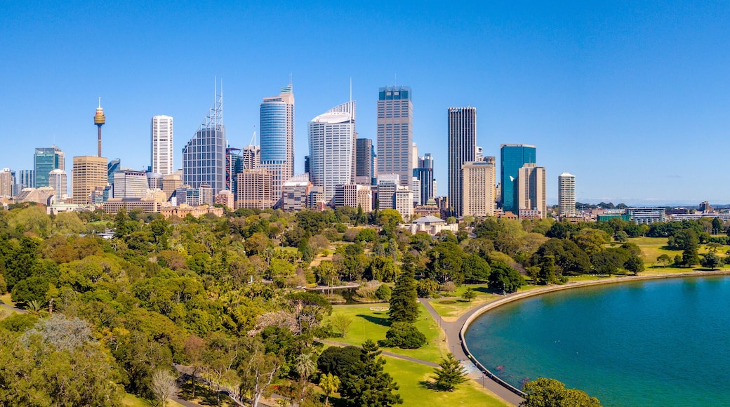 Beautiful panorama of the Sydney harbour district with Harbour bridge, Botanical garden and the Opera building.