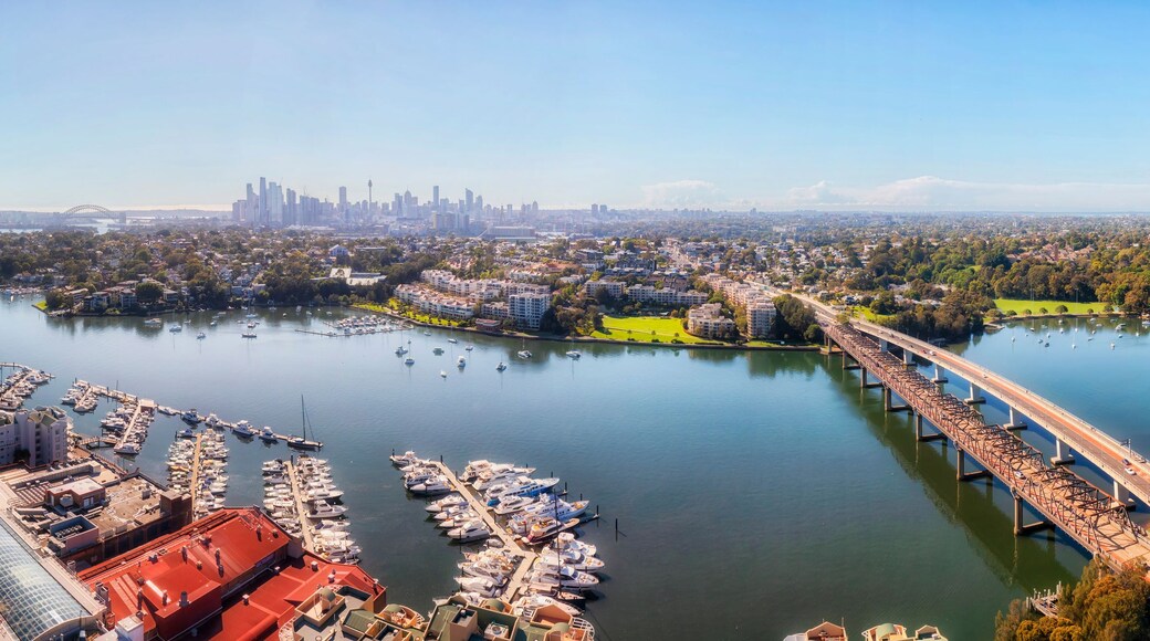 A coastal cityscape with a marina, a bridge, and a distant city skyline.
