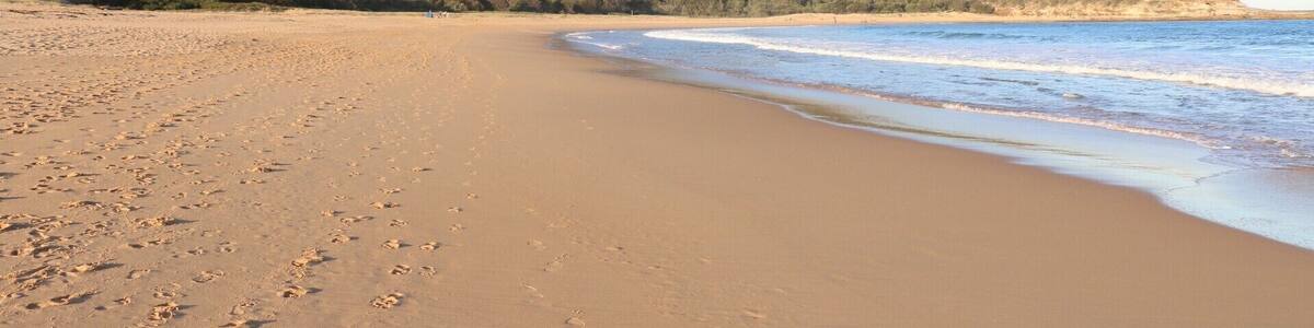 Ein Sandstrand mit Fußabdrücken, ein klarer, blauer Himmel und ein bewaldeter Hügel im Hintergrund.