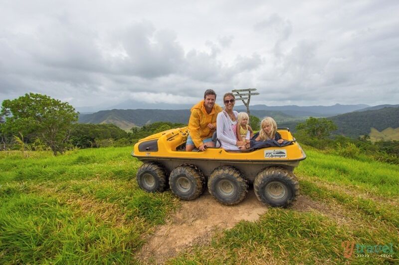 While staying at the Daintree Riverview join an Argo 8×8 tour through the owner’s cattle property and the Daintree Rainforest. It was wild fun! The girls squealed as we went up really steep and rough terrain, past herds of cattle, and to the hill peaks for sensational views out over the Daintree River and rainforest.