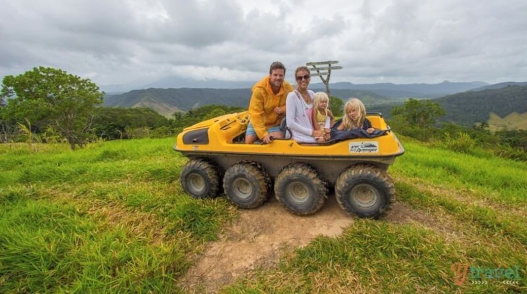 While staying at the Daintree Riverview join an Argo 8×8 tour through the owner’s cattle property and the Daintree Rainforest. It was wild fun! The girls squealed as we went up really steep and rough terrain, past herds of cattle, and to the hill peaks for sensational views out over the Daintree River and rainforest.