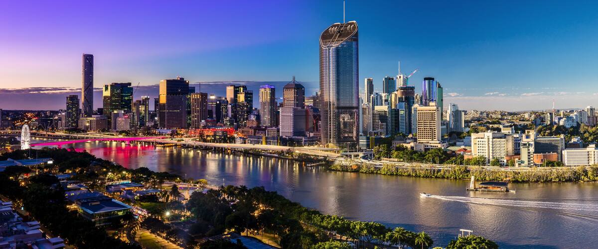 Panoramic day and night areal image of Brisbane CBD and South Bank, Australia