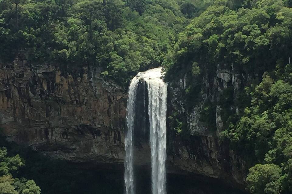 Uma cascata desce por um penhasco rochoso, rodeada por uma floresta verde densa.