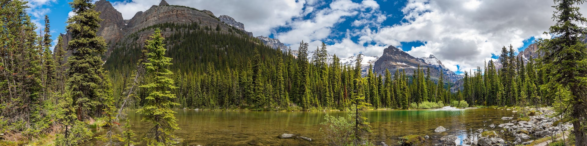Lake Ohara hiking trail in cloudy day in Spring, Yoho, Canada